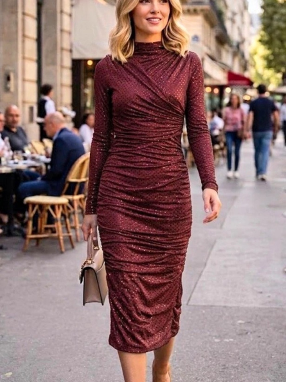 RETROFÊTE Embellished Ruched Midi Dress in burgundy Size Small Like New